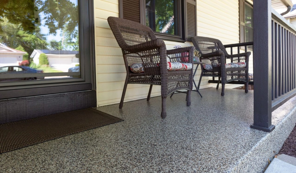 Epoxy flake flooring at front porch entrance to home
